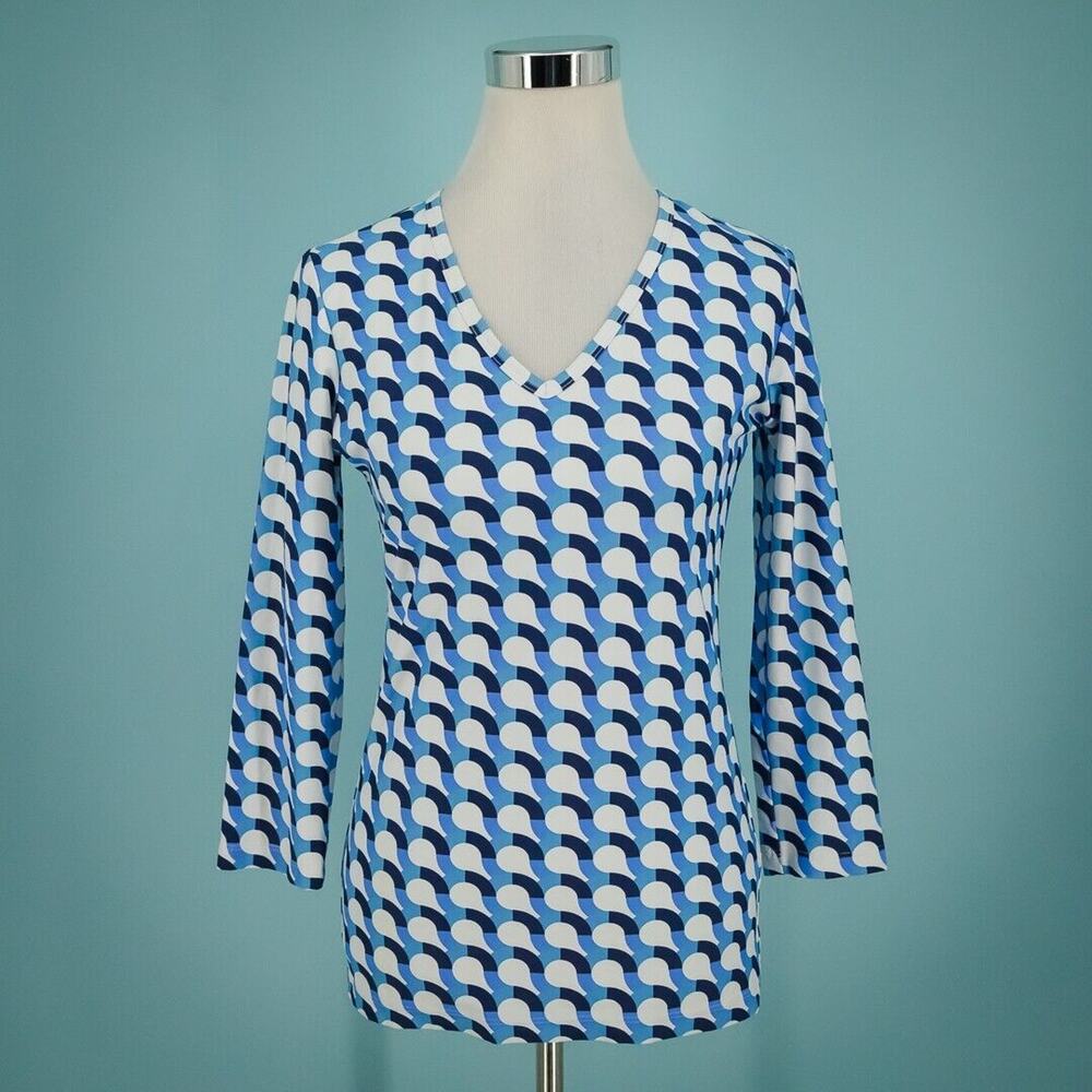 Melly M Size Small S Top Blue Geometric Print V Neck Long Sleeve Catalina Cloth